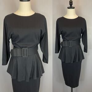 Vtg 1980s Gitano Black Pemplum T-Shirt Dress Midi Belted Medium Single Stitch